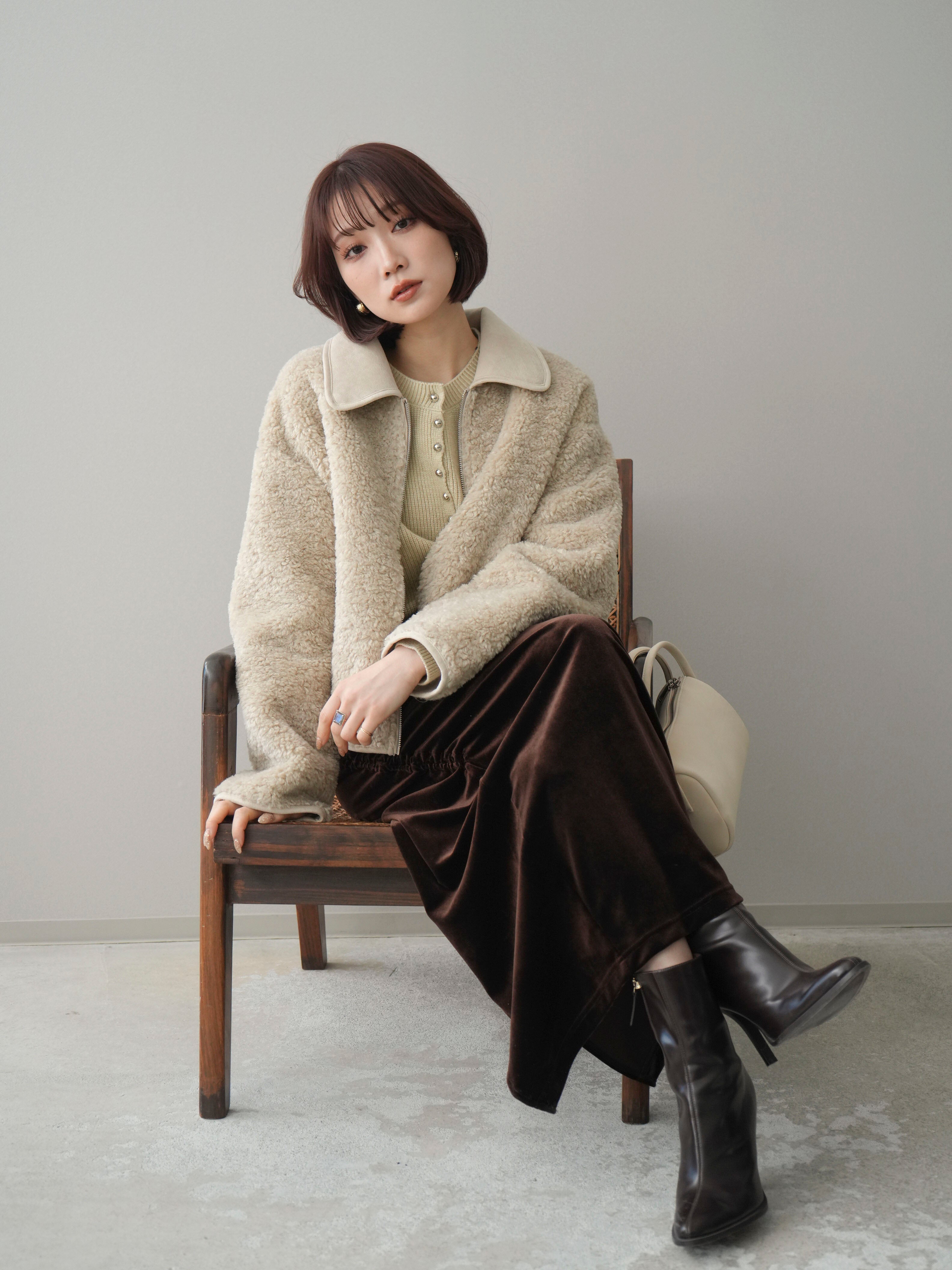 SET]スエード襟ボアショートジャケット+ギャザーベロアスカート(2set