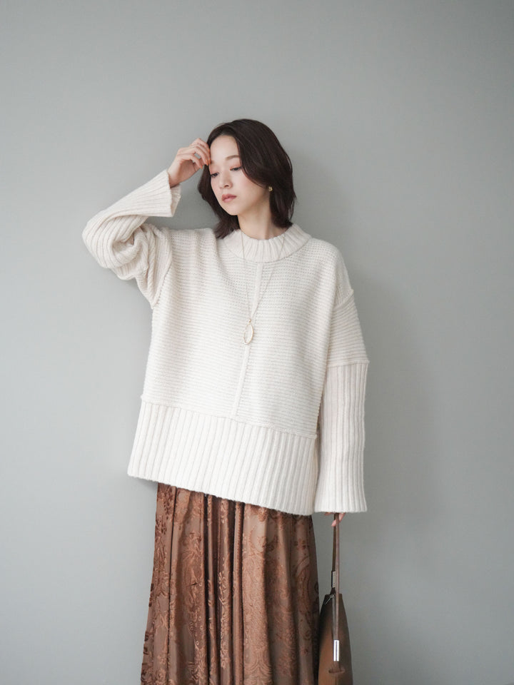 [SET]編み地切替ボトルネックニットプルオーバー+アンティーク柄フロッキーマキシスカート(2set)