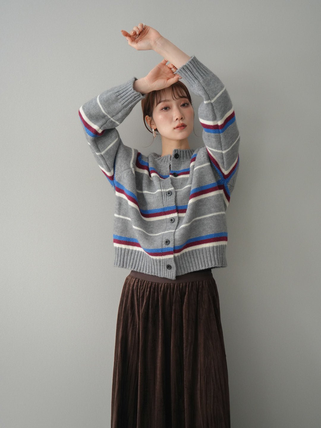 [予約]ランダムボーダーニットカーディガン/gray