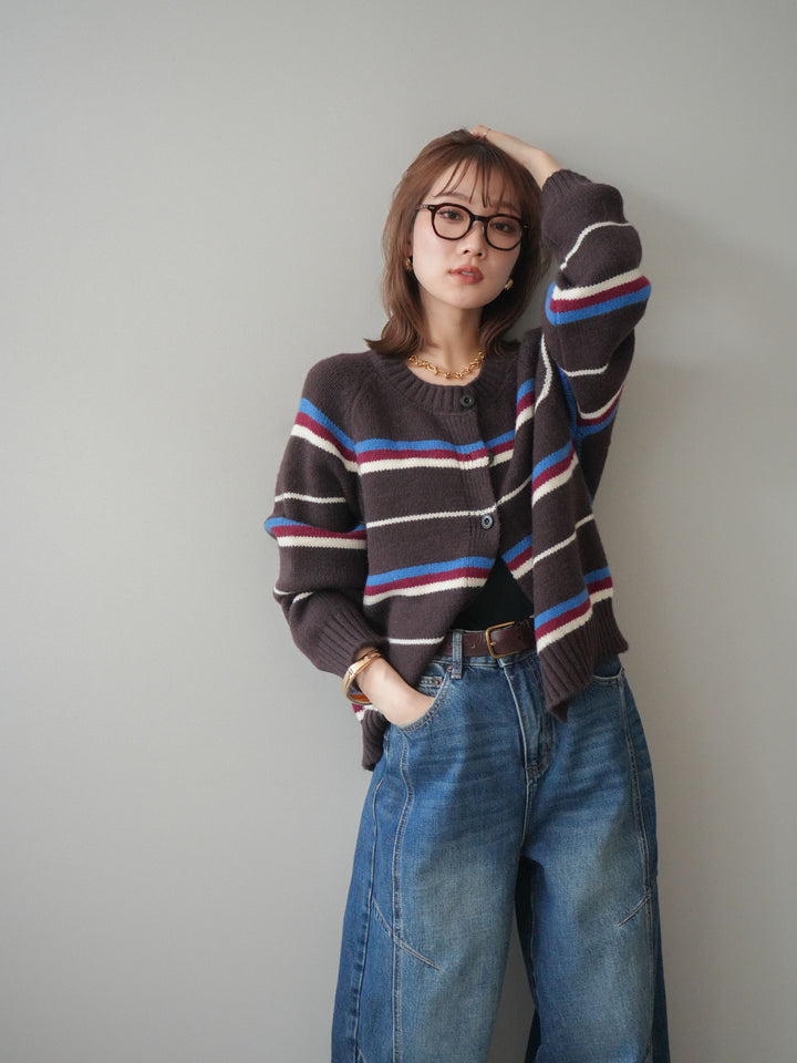 [SET]ランダムボーダーニットカーディガン+デザインステッチカーブデニムパンツ(2set)
