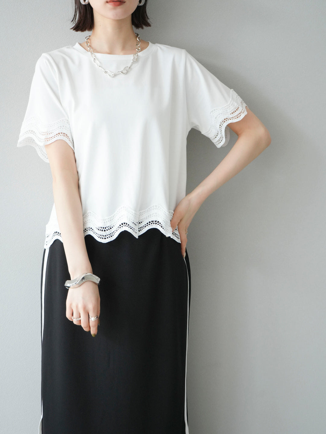 [予約]レース切替カットソー/オフ