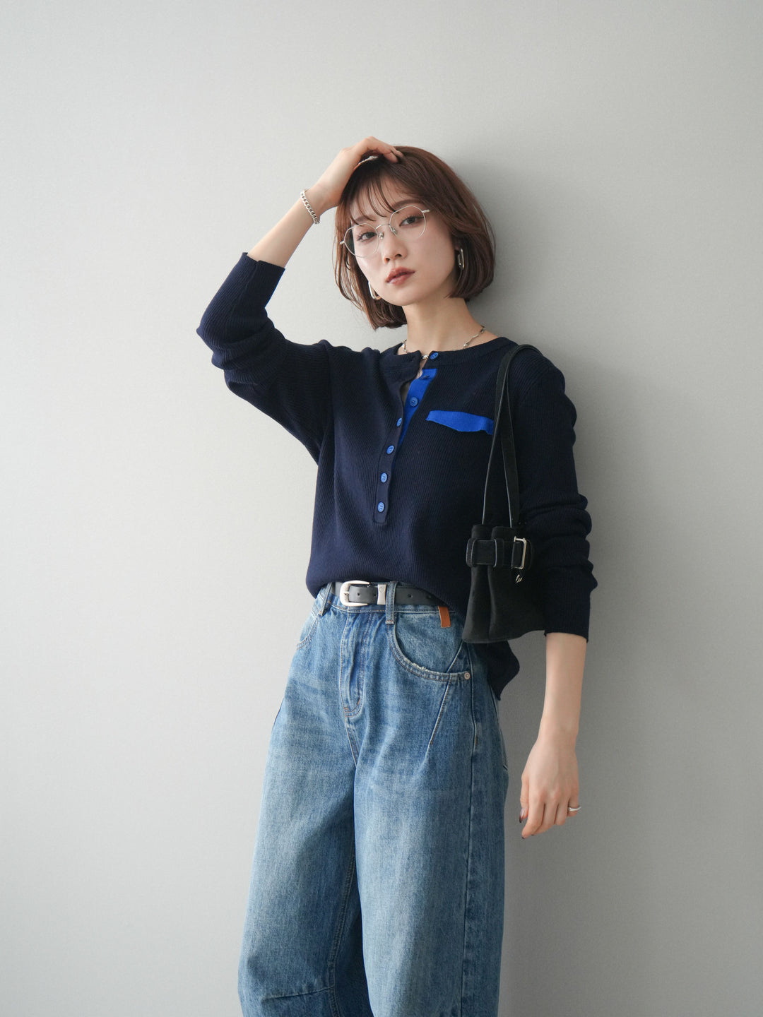 [予約]バイカラーデザインポケット配色ヘンリーネックニットソー/navy
