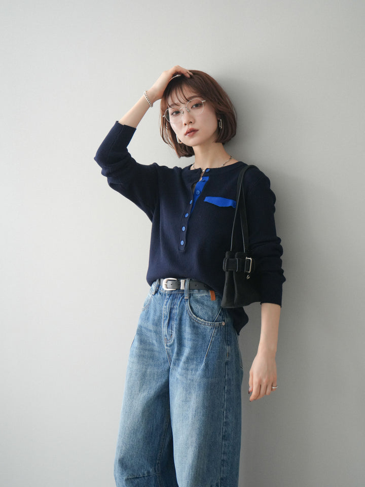 [予約]バイカラーデザインポケット配色ヘンリーネックニットソー/navy