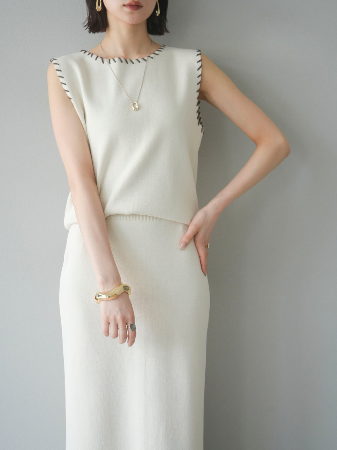 [予約]リネンタッチハンドステッチニットプルオーバー/アイボリー