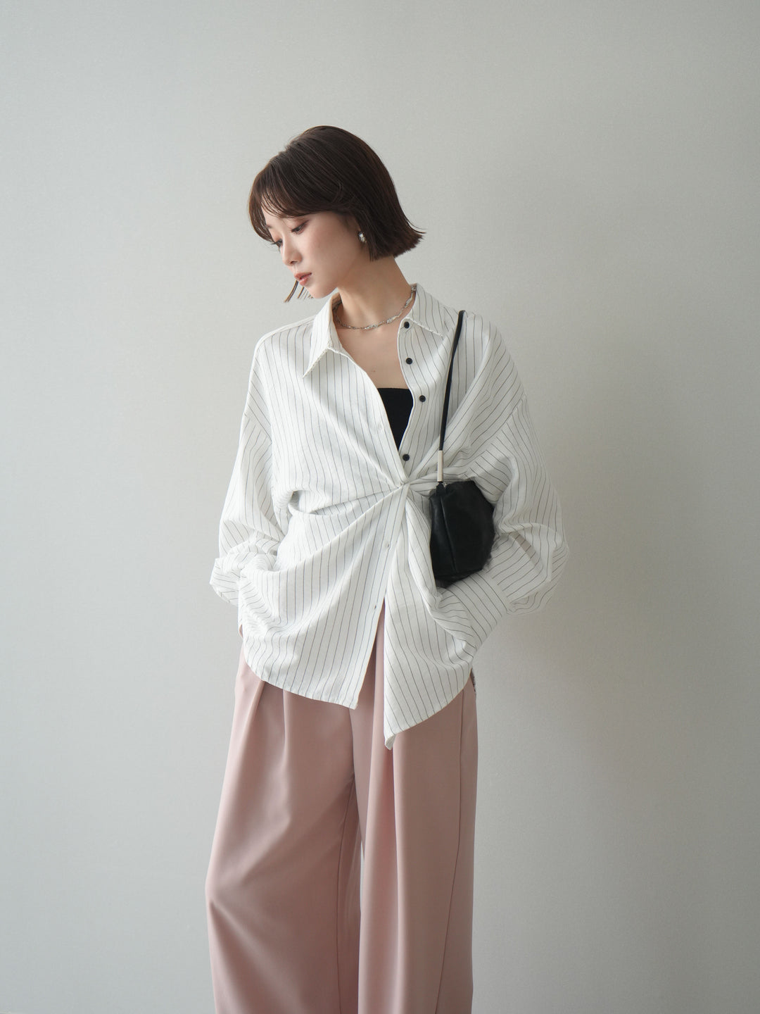 [SET]2WAYカシュクールストライプブラウス+ベルト付キーホルダーモチーフワイドパンツ(2set)