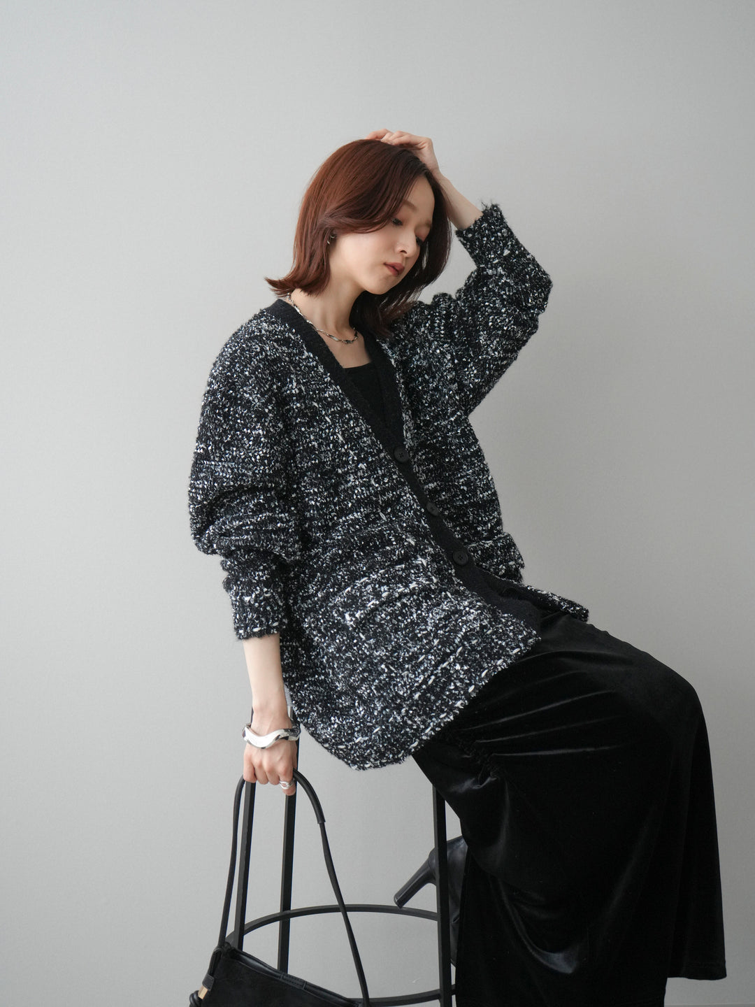 [SET]モールネップニットカーディガン+ギャザーベロアスカート(2set)