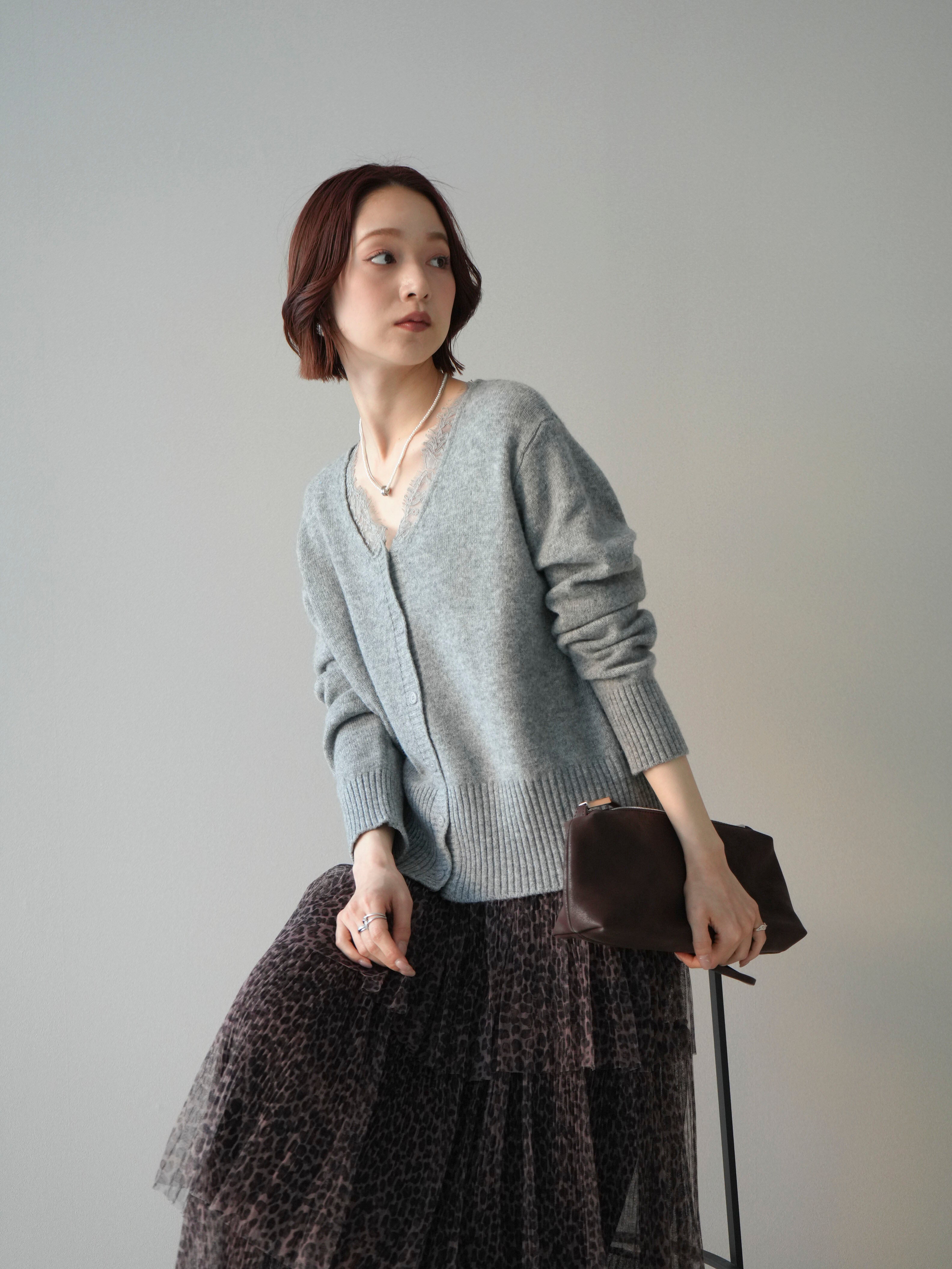 SET]レースネックニットカーディガン+レオパード柄チュールフリル