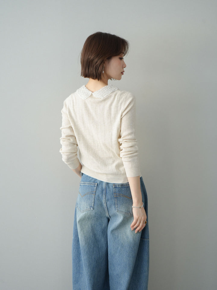 [予約]ビジュー襟パールボタンニットカーディガン/ivory
