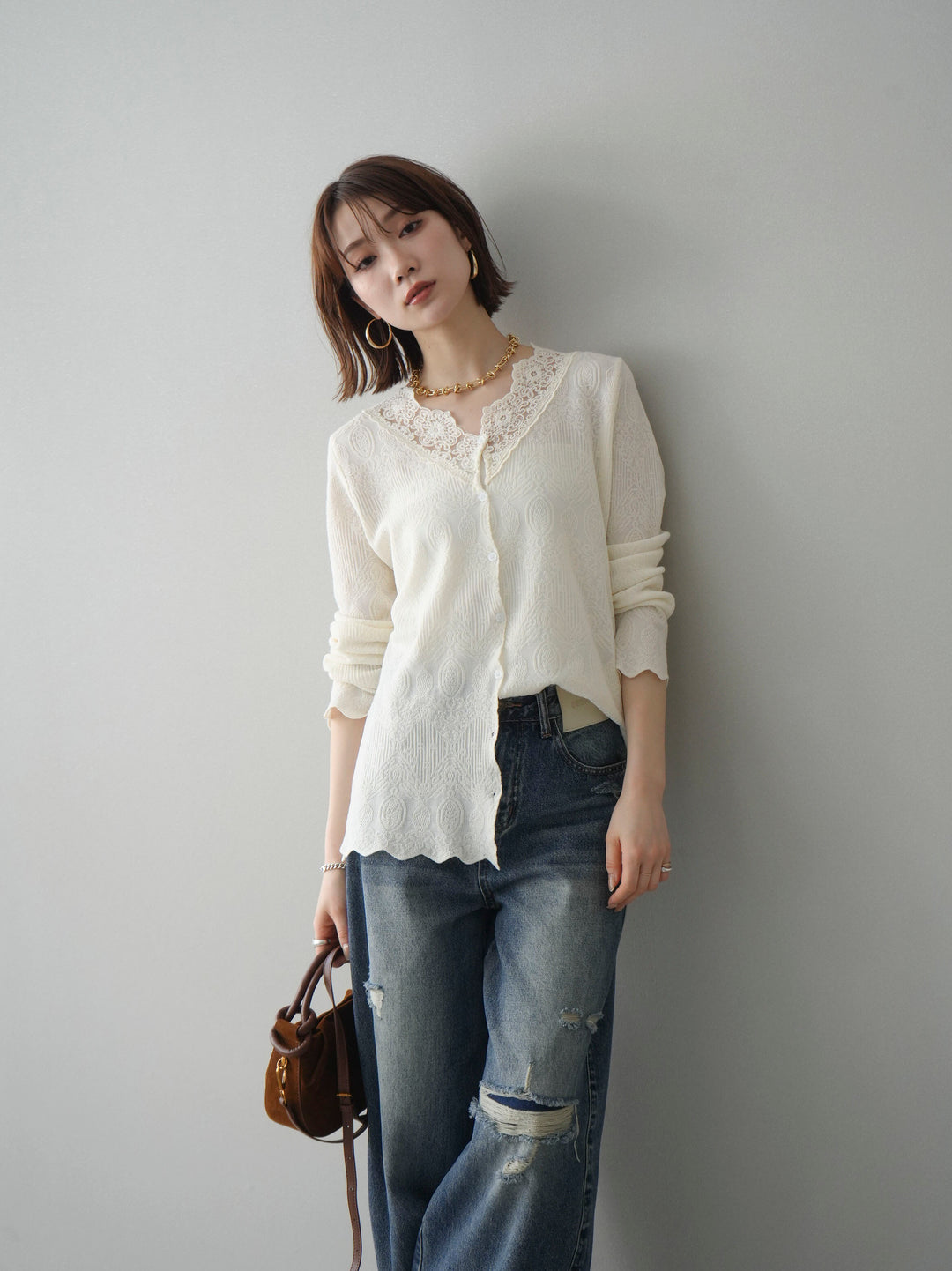 [SET]レースネックジャガードニットカーディガン+ダメージデニムセミワイドパンツ(2set)