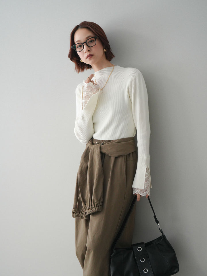 [SET]袖スカラップレースオフネックニットトップス+ウエスト巻きデザインドロストコットンナイロンパンツ(2set)