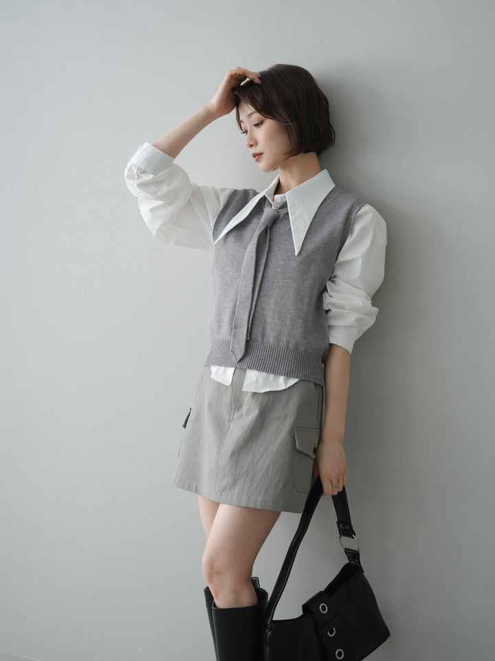 【套裝】蝴蝶結針織背心套裝襯衫+繫帶工裝迷你裙（兩件組）