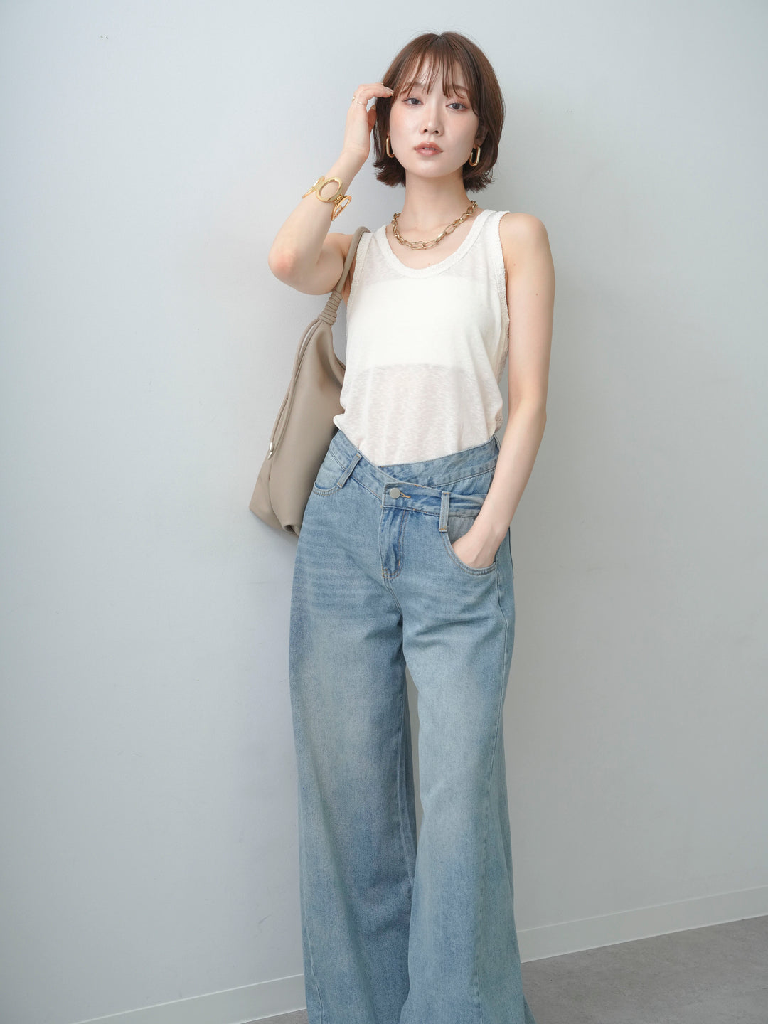 [SET]バックレースタンクトップ+アシンメトリーウエストワイドデニム(2set)