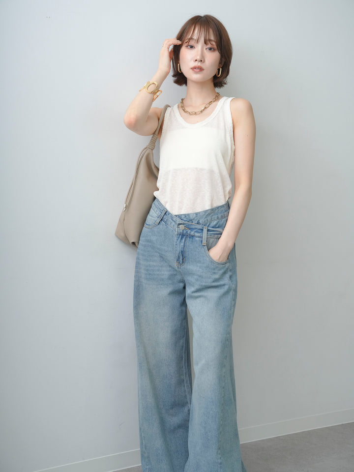 [SET]バックレースタンクトップ+アシンメトリーウエストワイドデニム(2set)