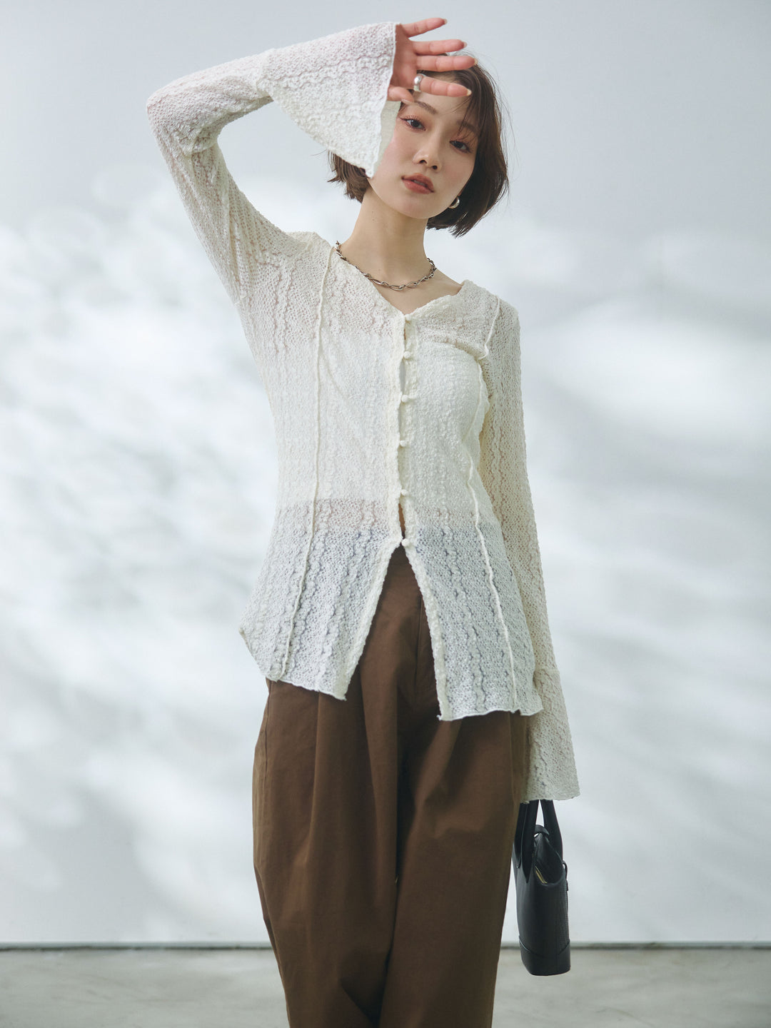 【預購】彈性蕾絲開襟衫 / 象牙白