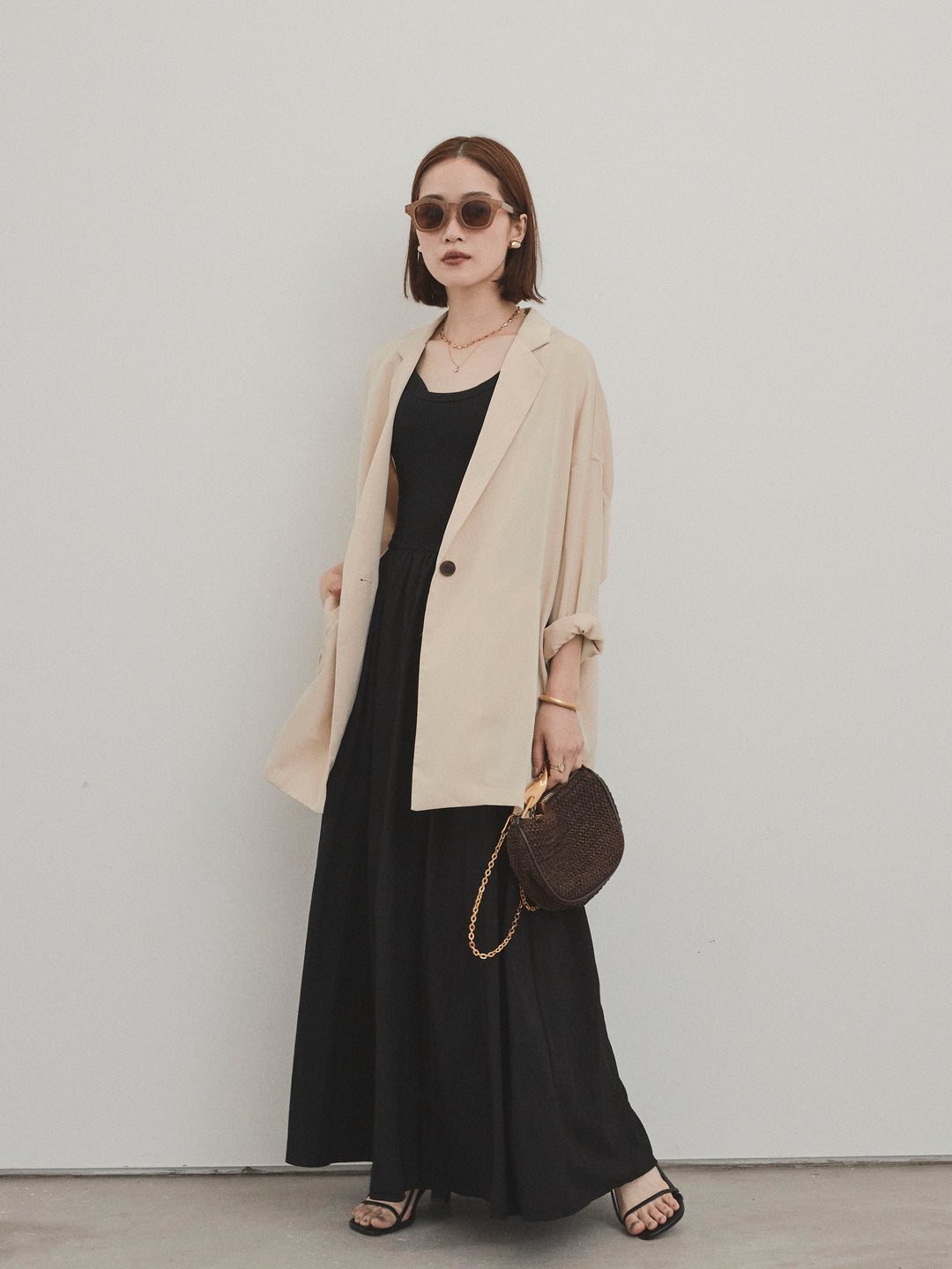 [SET] 霧面緞面外套 + 羅紋對接喇叭裙 (2 件套)