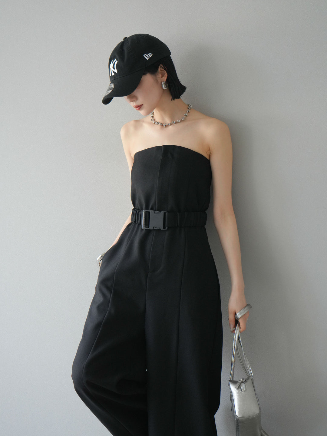 【預購】混色斜紋腰帶熊圖案工裝褲/黑色