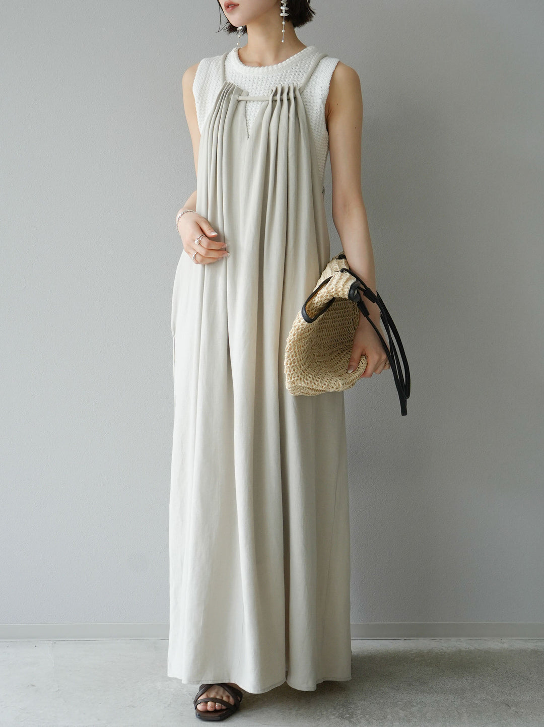 [SET] Rope shoulder linen touch dress + selectable accessory set (2 sets)