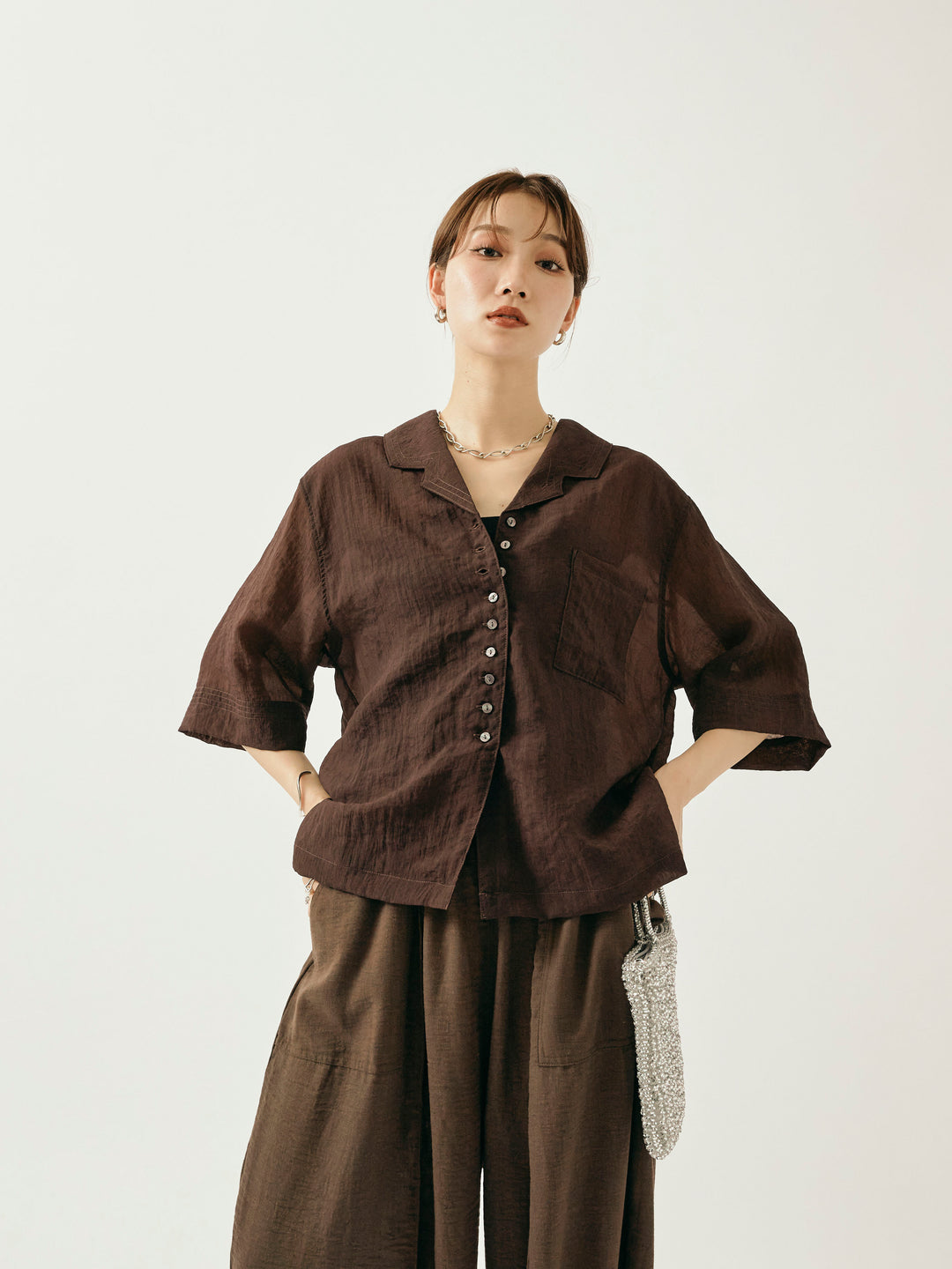 【Allure】[SET]シャイニースラブシアー開襟ハーフシャツ+リネンライクベイカーバルーンパンツ(2set)