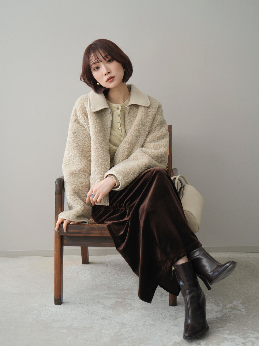 [予約]スエード襟ボアショートジャケット/beige