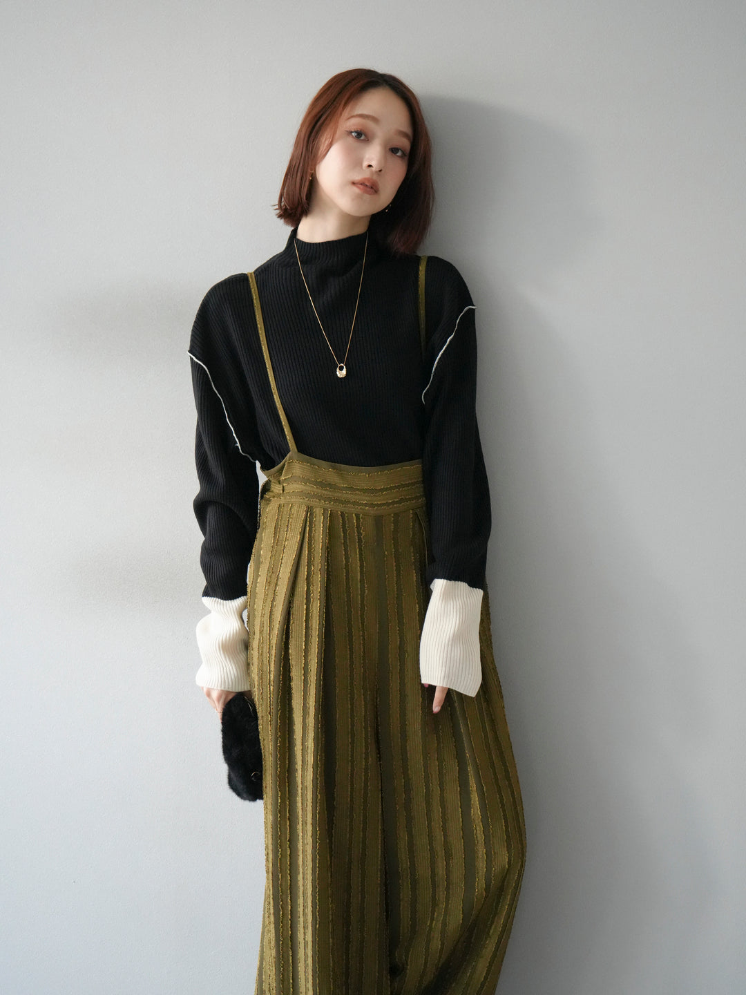 [予約]ジャガードストライプサロペット/カーキ