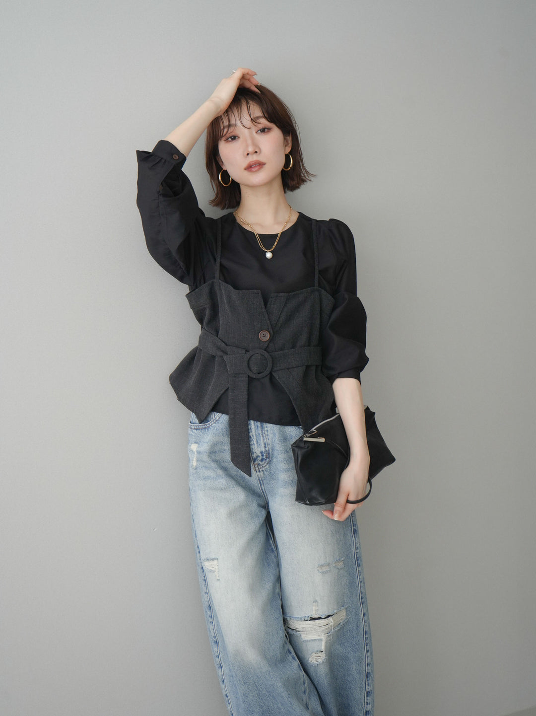[SET]異素材ビスチェドッキングブラウス+ダメージデニムセミワイドパンツ(2set)