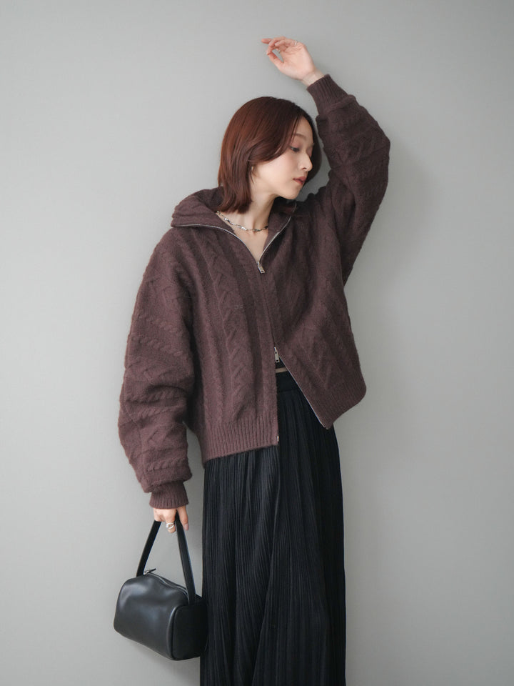 [SET]ケーブル編みハイネックZIPニットカーディガン+裾レーススウェードプリーツマキシスカート(2set)