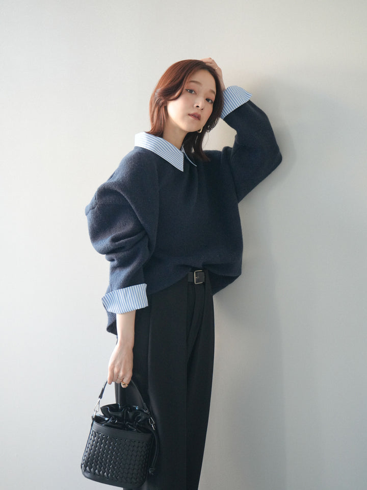 [SET]2WAYストライプ襟ニットプルオーバー+ベルトループデザインワイドパンツ(2set)