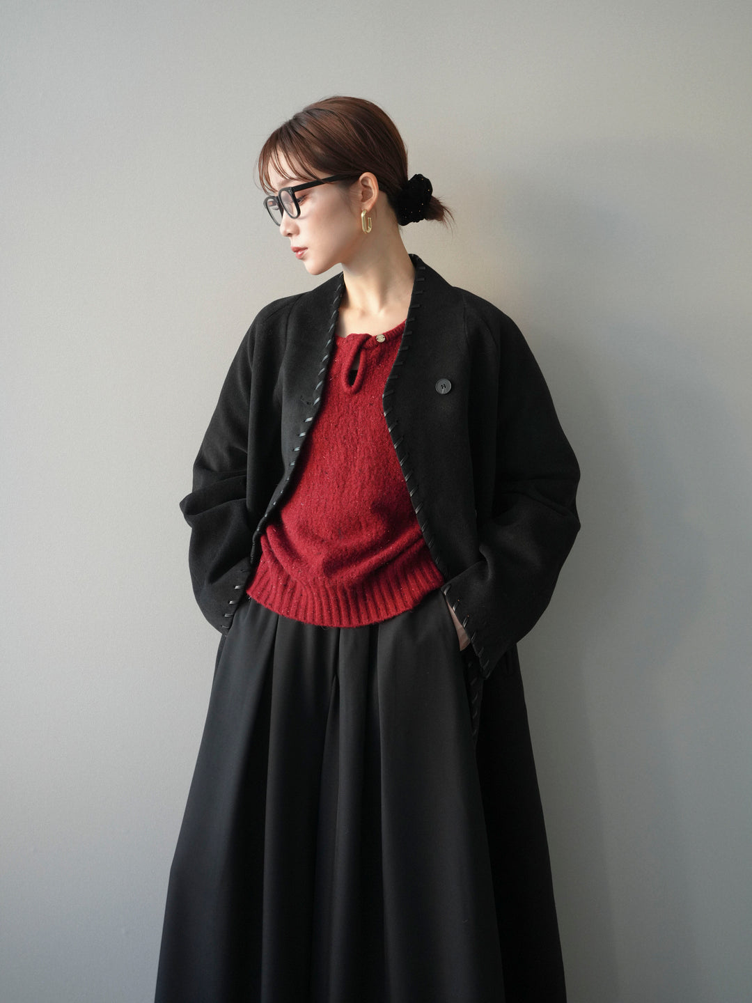 [予約]ハンドステッチ裏中綿ロングコート/black