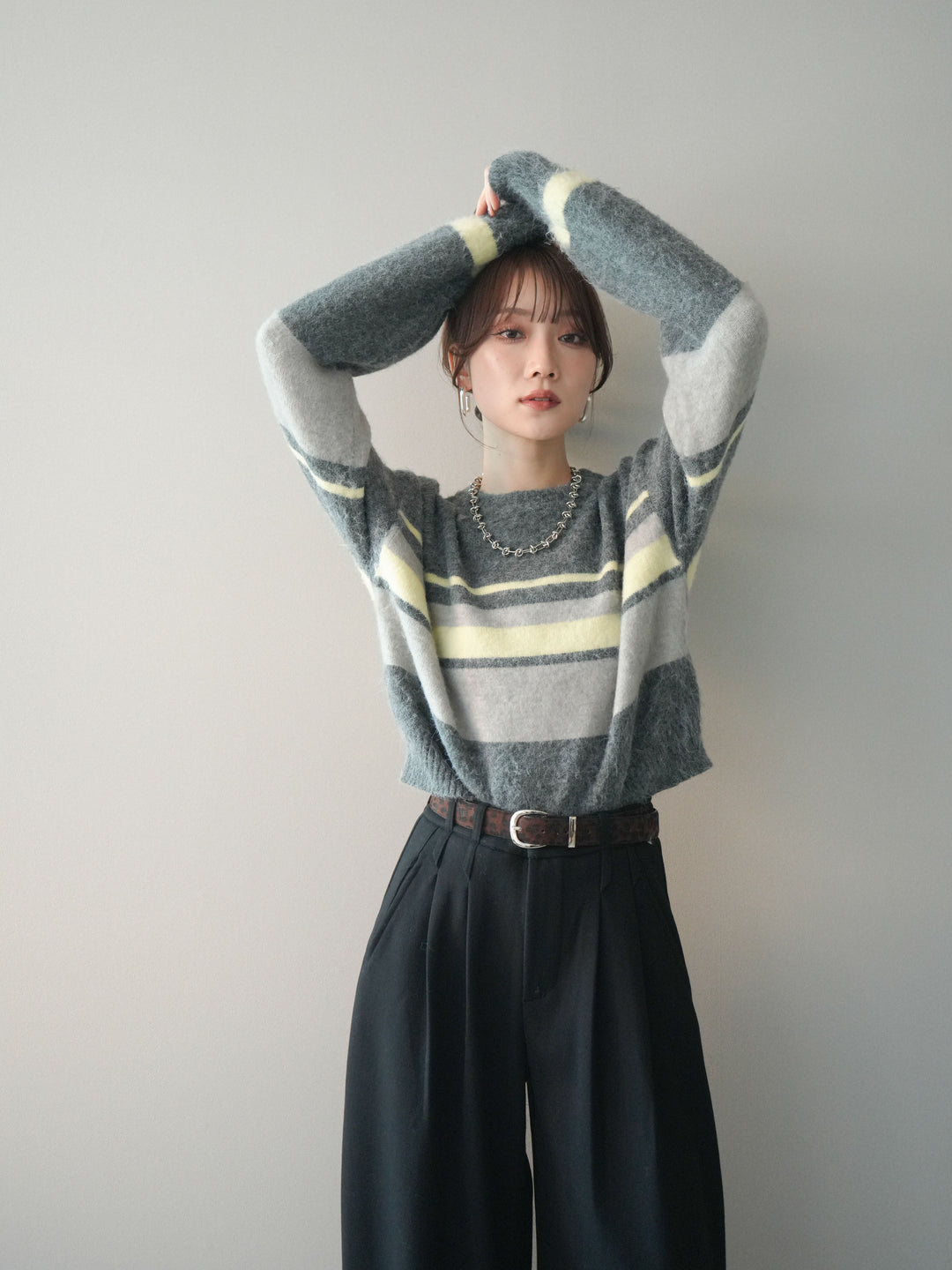 [予約]ソフトタッチボーダークロップドニットプルオーバー/charcoal