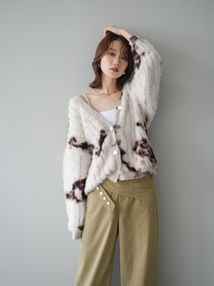 [SET]ニュアンス柄シャギーニットカーディガン+コーデュロイ巻きベルト付きパンツ(2set)