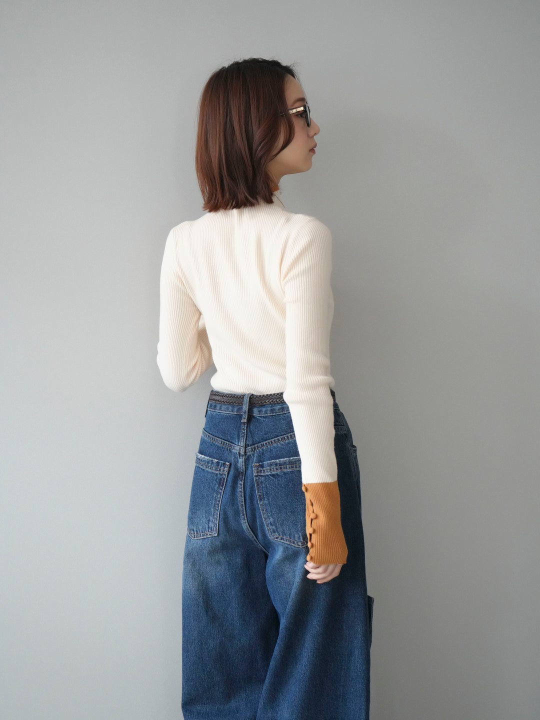 [SET]袖ボタンハイネック配色リブニットトップス+袖ボタンハイネック配色リブニットトップス(2set)