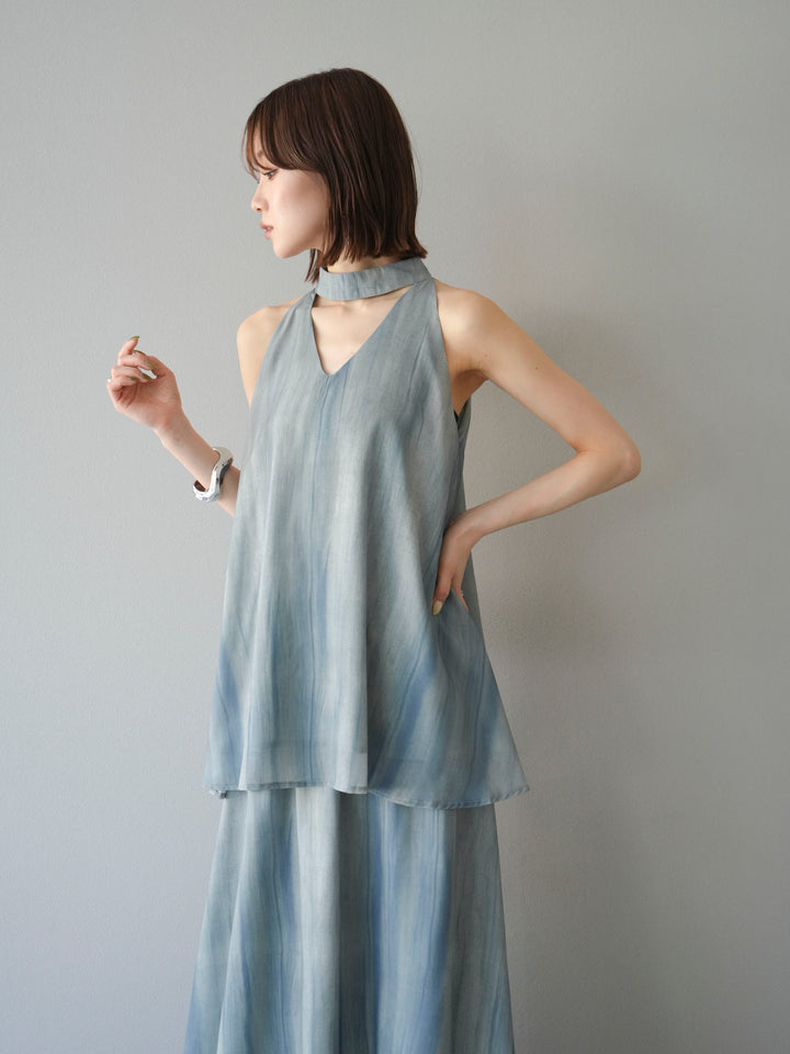 [SET] 細膩花紋V領襯衫＆喇叭裙（2套）