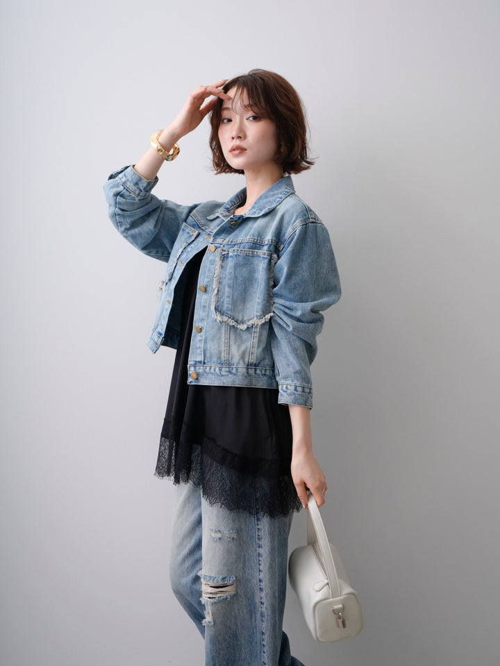 [SET]Wフリンジポケットデニムジャケット+ダメージデニムセミワイドパンツ(2set)