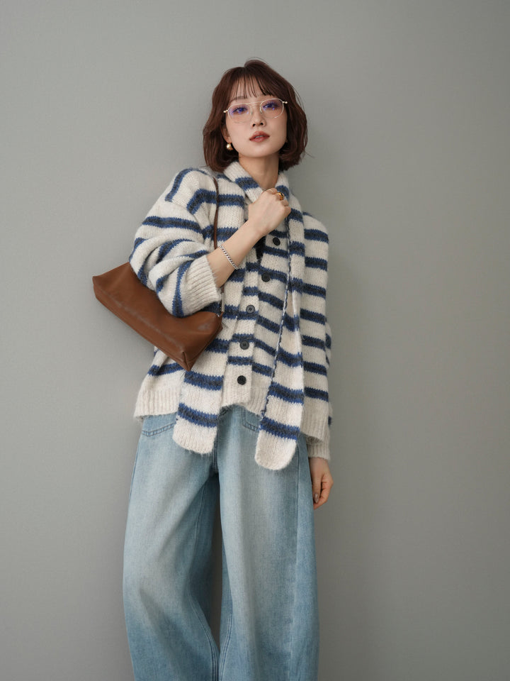 [予約]ボウタイ付きボーダーニットプルオーバー/white