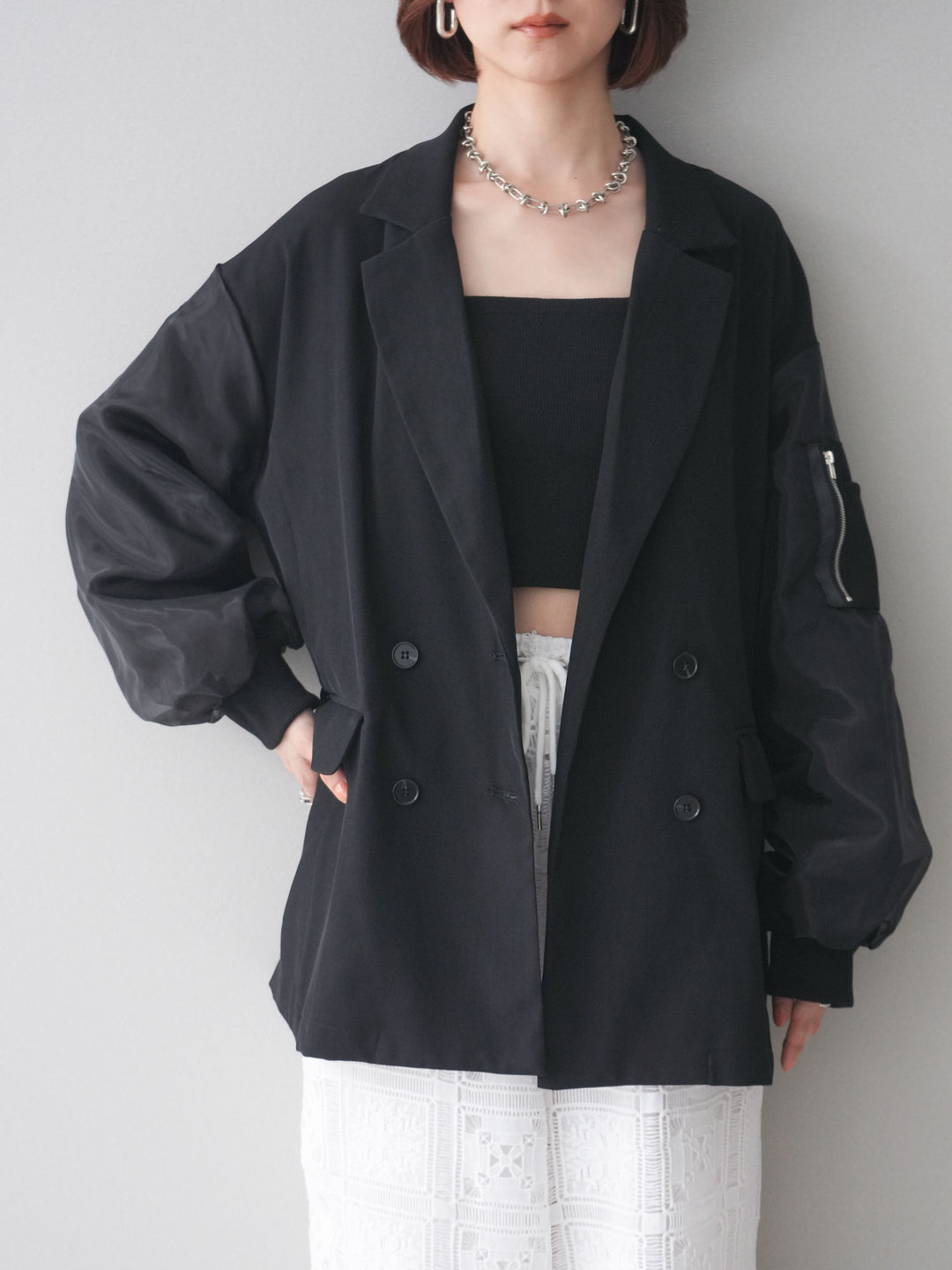 [SET]MA-1ドッキングデザインジャケット+カップ付テレコリブベアキャミソール+パネルレースイージーパンツ(3set)