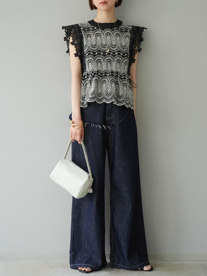 [予約]スカラップ刺繍レースブラウス/ブラック