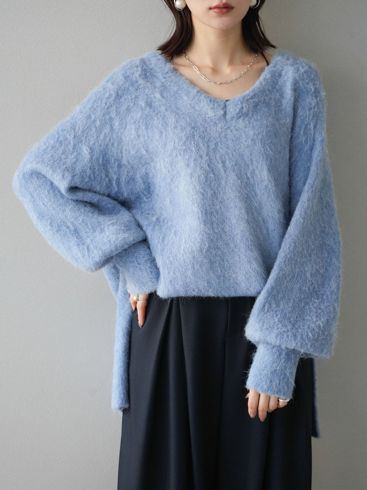 【預購】V領加大尺寸馬海毛針織套頭衫/藍