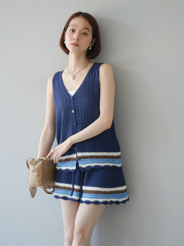 [SET]裾マルチボーダーニットベスト＆ショートパンツ SET UP(2set)