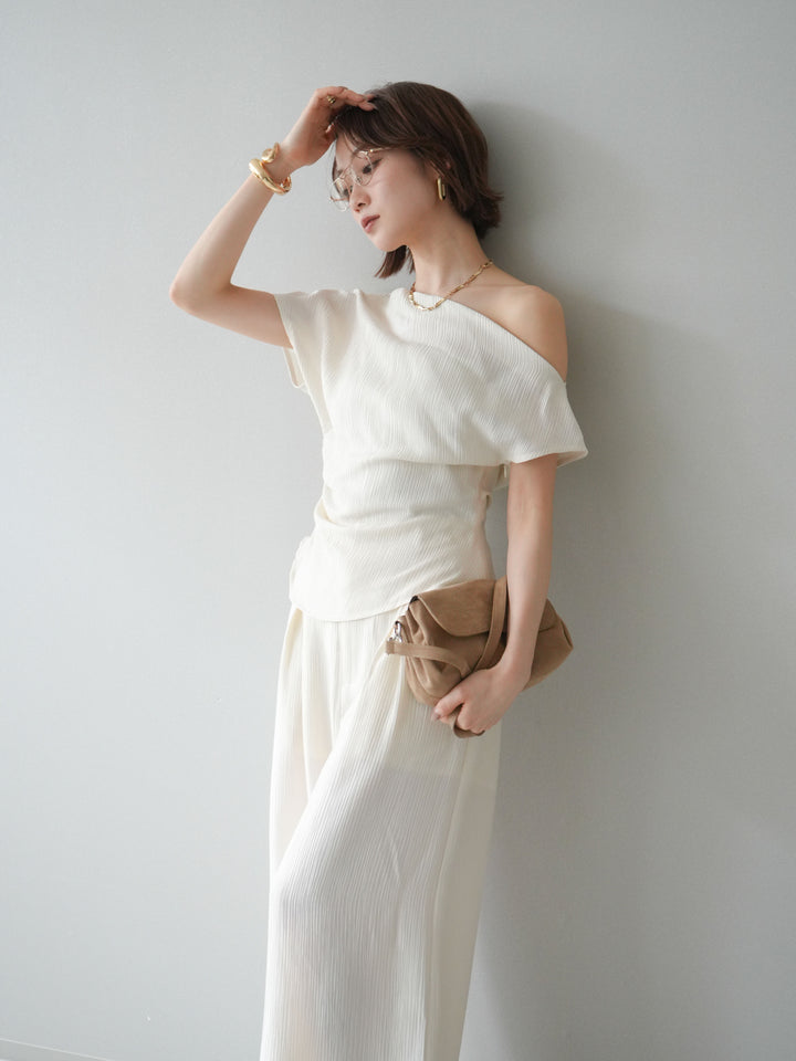 [予約]クレープアシンメトリーギャザートップス/white