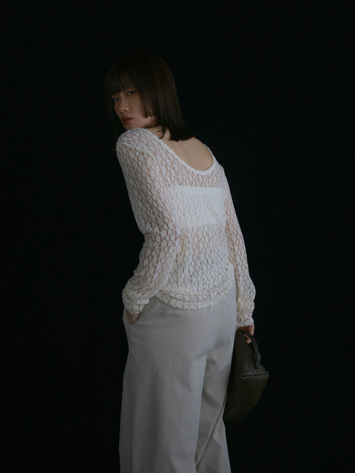 【Allure】[SET]バックラウンドレーストップス+タフタワイドカーブパンツ(2set)