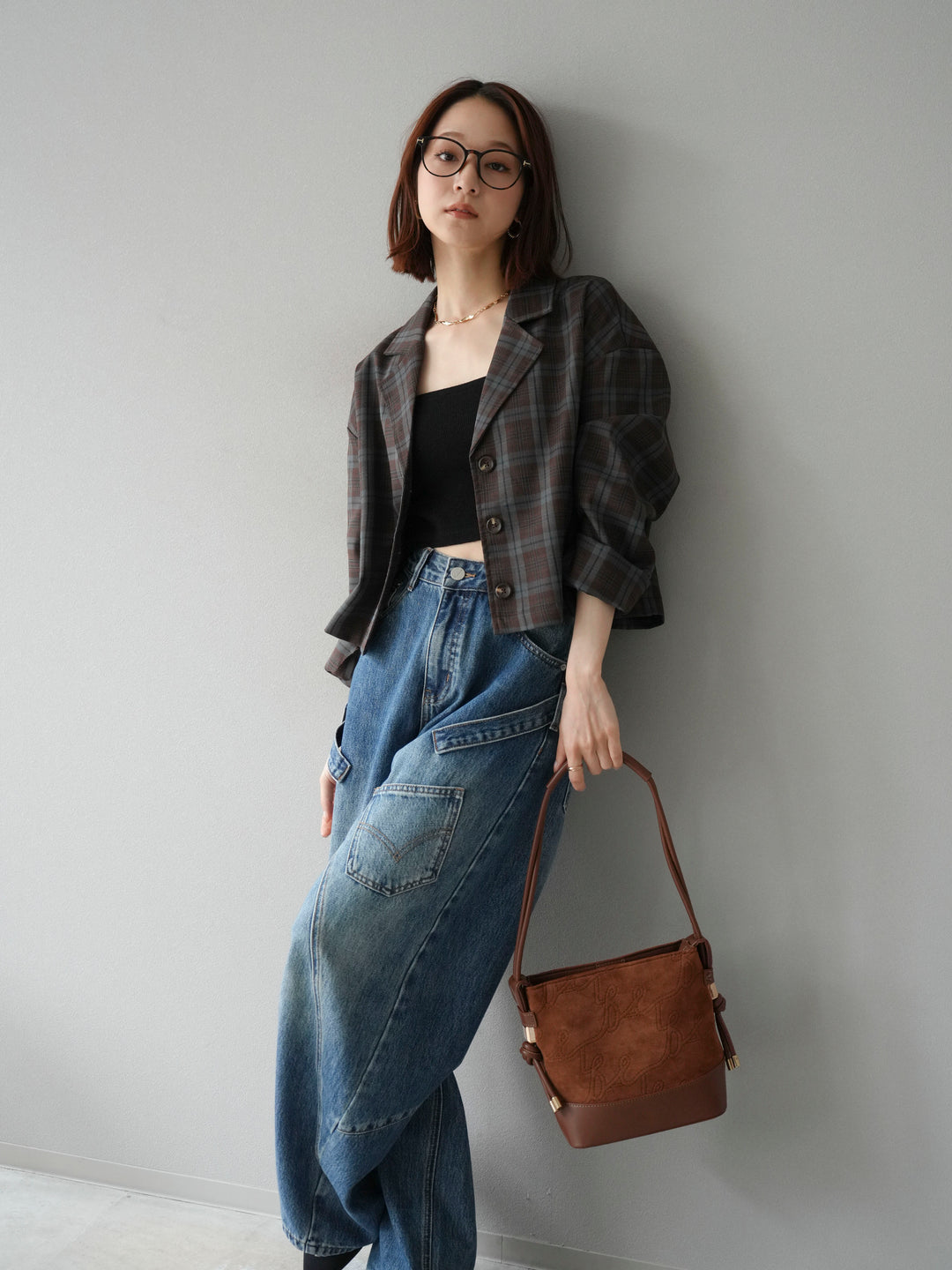 [予約]チェック柄ショートジャケット/ブラウン