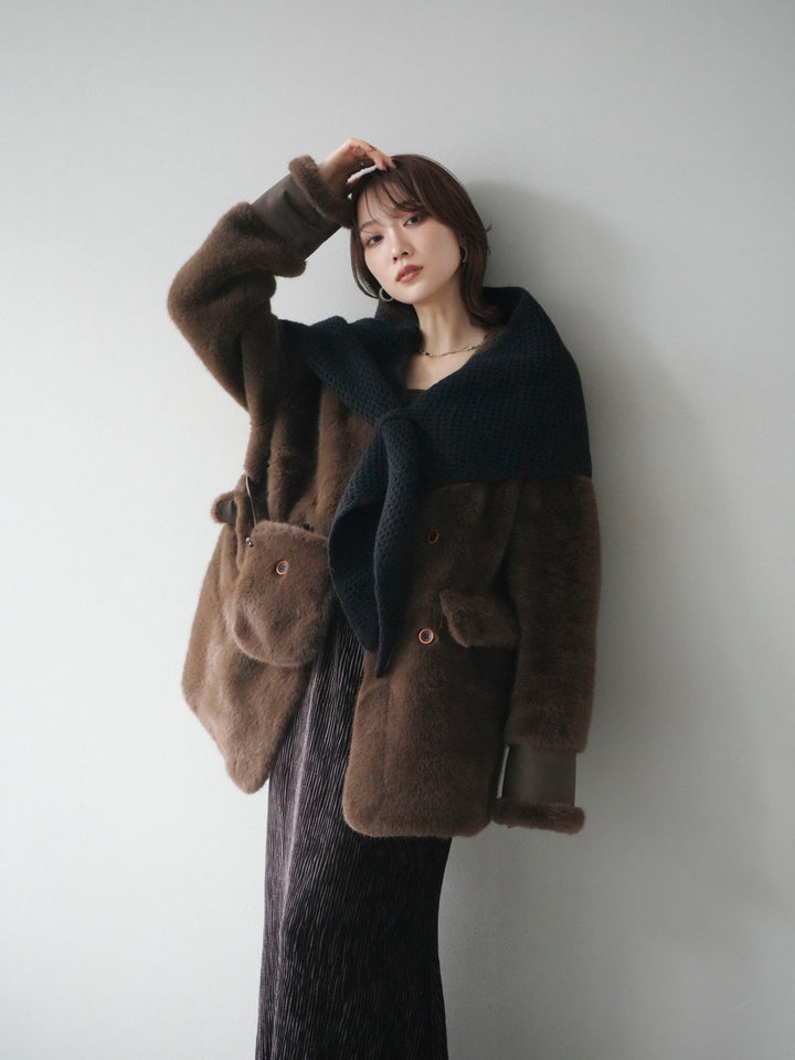 [SET]バッグ付エコファーノーカラーコート+選べるアクセセット(2set)