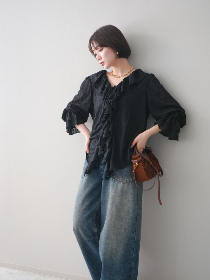 [予約]ラッフルレーススリットブラウス/black