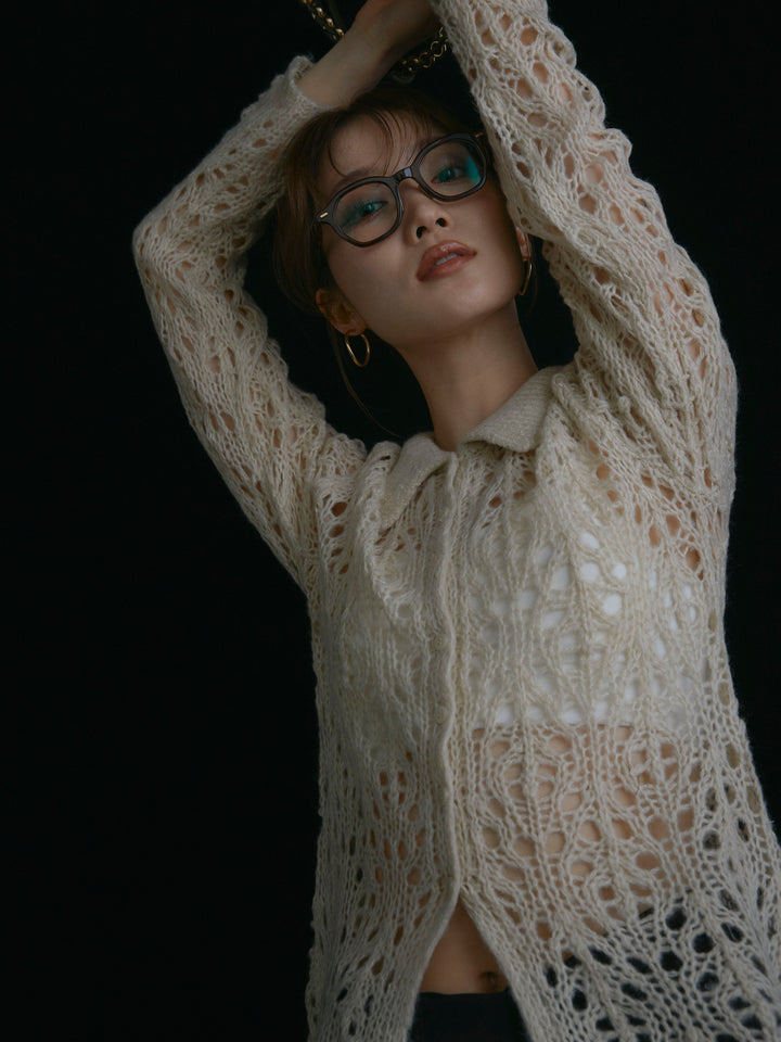 [予約]ローゲージ透かし編みポロニッカーディガン/アイボリー