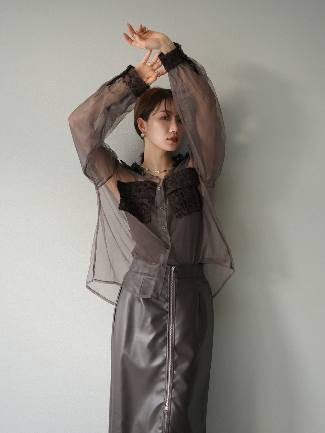 [予約]フリンジジャガード×チュールレイヤードシャツ/ブラウン