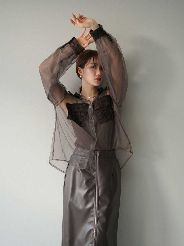 [予約]フリンジジャガード×チュールレイヤードシャツ/ブラウン