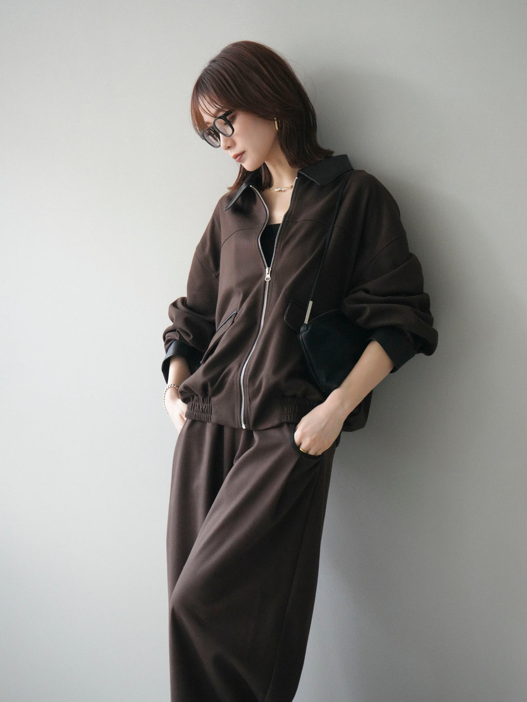 [予約]レザー襟配色パイピングブルゾン/brown