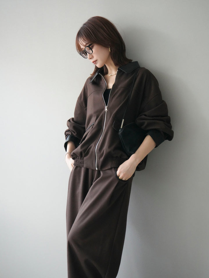 [予約]レザー襟配色パイピングブルゾン/brown