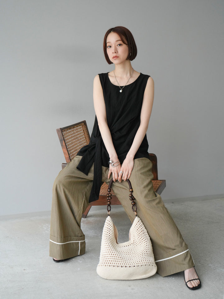 [SET] 前裹式無袖上衣+麻質下擺回型寬褲（2件組）