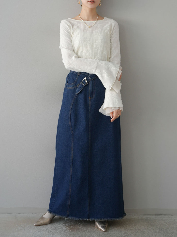 【預購】雙層紗布袖喇叭疊層提花上衣/象牙白